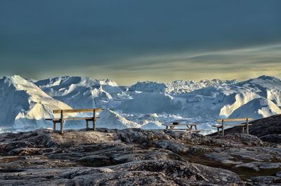 Scenic view of snowcapped mountains against sky