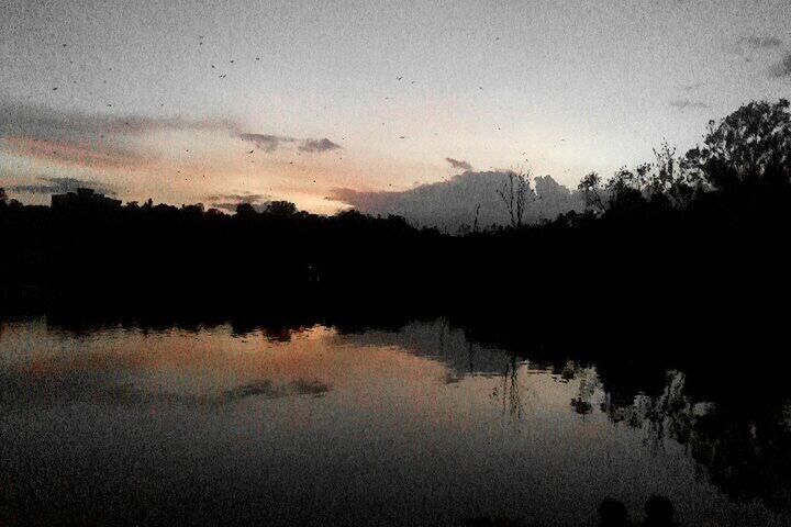 REFLECTION OF SILHOUETTE TREES IN LAKE AGAINST SKY