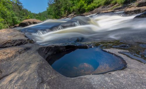 Surface level of water flowing through rocks