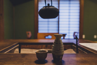 View of pottery on table at home