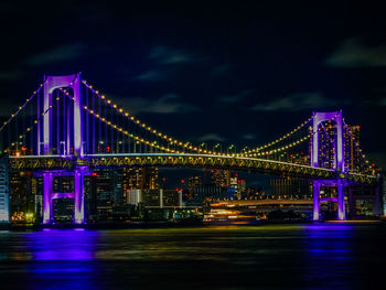 Illuminated bridge over river at night