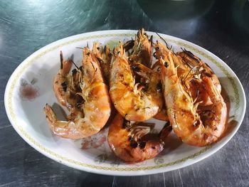 High angle view of seafood in plate on table