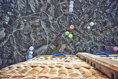 Aerial view of hot air balloons over landscape