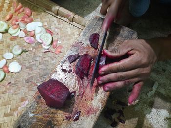 High angle view of person preparing food