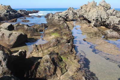 Rocks on beach against clear sky