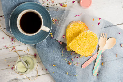 High angle view of breakfast on table