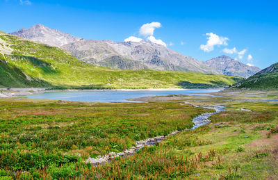 Scenic view of landscape and mountains against sky