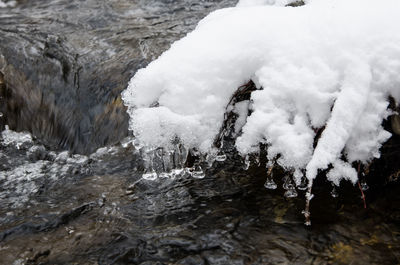 Frozen river flowing through rocks