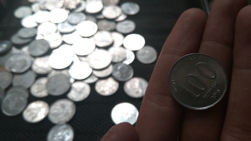 Close-up of hand holding coins