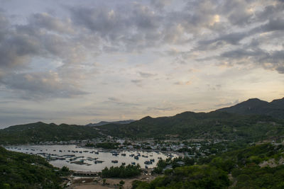 High angle view of cityscape against sky during sunset