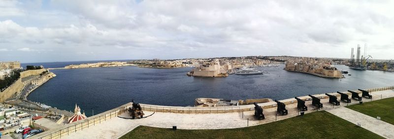 High angle view of historic building against sky