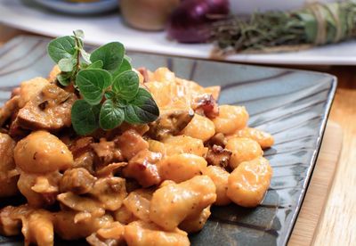 Close-up of food served on table