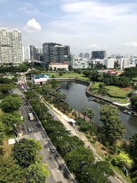 High angle view of city buildings against sky