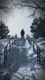 Man standing on railing against snow covered trees