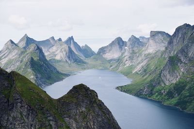 Scenic view of river amidst mountains against sky