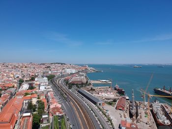 High angle view of city by sea against sky