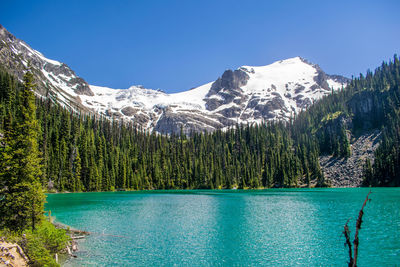 Scenic view of lake and mountains against clear blue sky