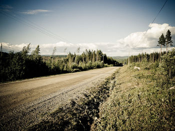 Road amidst trees on field against sky