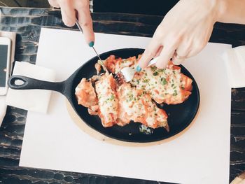 High angle view of food in plate on table