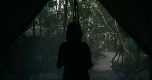 Rear view of silhouette woman standing in forest