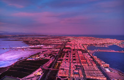 High angle view of cityscape against sky during sunset