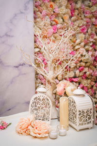 Close-up of ice cream in vase on table