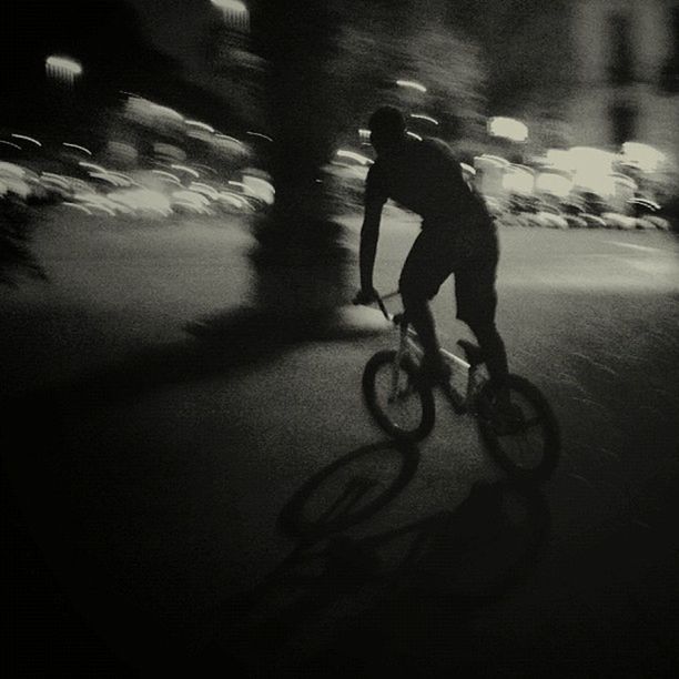 lifestyles, street, men, bicycle, leisure activity, transportation, shadow, full length, road, night, blurred motion, unrecognizable person, indoors, riding, walking, silhouette, side view, land vehicle