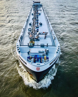 High angle view of ship sailing in sea