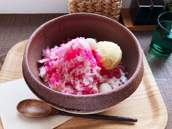 High angle view of ice cream in bowl on table