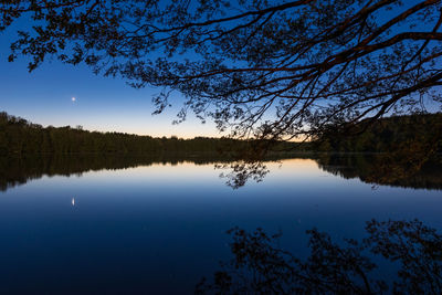 Scenic view of lake in forest against blue sky