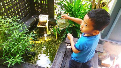 Side view of cute boy standing by plants