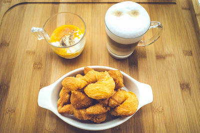 High angle view of breakfast on table