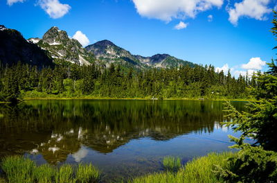 Scenic view of lake and mountains against sky