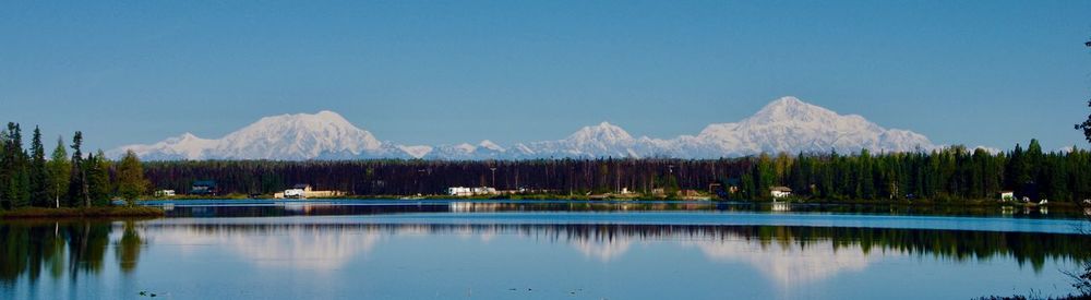 Calm lake with mountain range in background