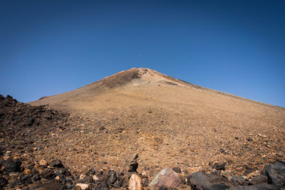 Scenic view of arid landscape against clear blue sky