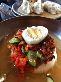 High angle view of food in plate