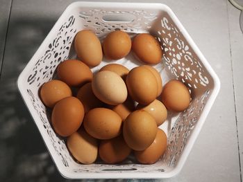 High angle view of eggs in container