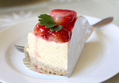 Close-up of strawberry cake in plate