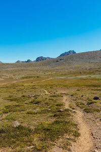 Scenic view of landscape against clear blue sky