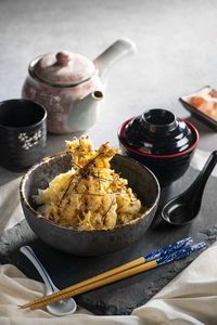 High angle view of breakfast on table