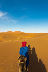 High angle view of man with camel walking in dessert