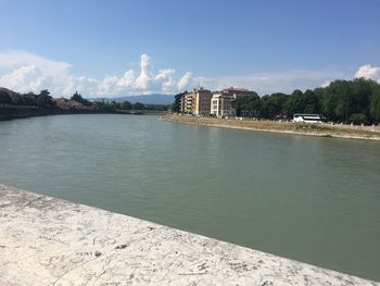 Scenic view of sea by buildings against sky