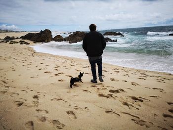 Rear view of man with dog walking at sandy beach