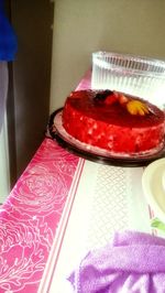 High angle view of cake in plate on table