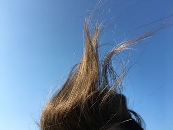 Close-up of woman against blue sky