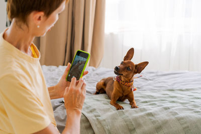 Mature woman with a phone in her hand with a pygmy pinscher in the bedroom