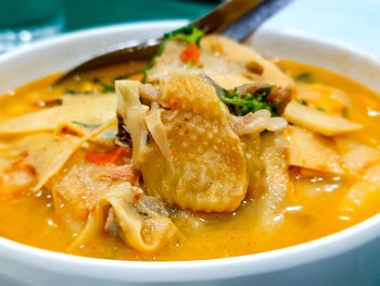 High angle view of soup in bowl on table