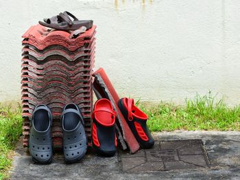 Low section of shoes by building