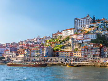 River by buildings against clear blue sky