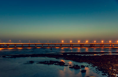 Scenic view of sea against clear sky at night